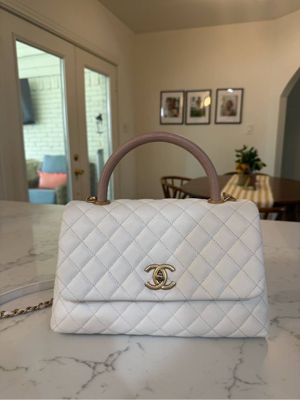 CHANEL White Quilted Top Handle Bag with Pink Handle and Gold Hardware